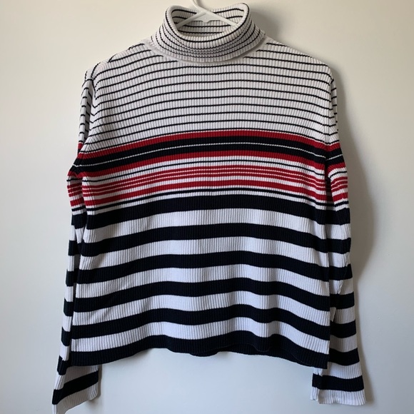 Vintage 90’s Petite Sophisticated Black, White & Red Striped Turtleneck - Picture 1 of 7